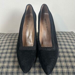 Vintage Charles Jourdan Black Suede‎ Pointed Toe Heeled Pumps Shoes Size 9